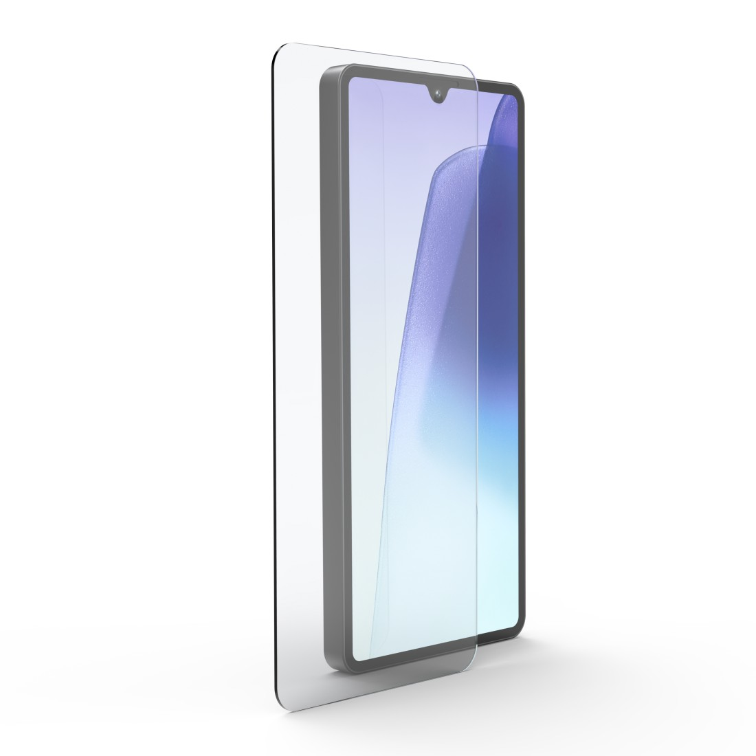 Ein Smartphone mit angebrachtem Displayschutz. Das Telefon ist schwarz mit einem bunten Hintergrund. Der Schutz ist klar und leicht versetzt.