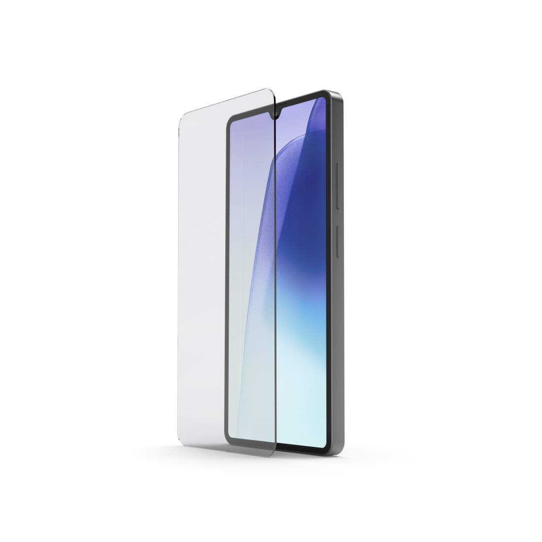 Ein Smartphone, auf das eine Displayschutzfolie aufgebracht wird. Der Bildschirm zeigt einen blau-weißen Farbverlauf. Das Telefon ist grau, der Hintergrund weiß.