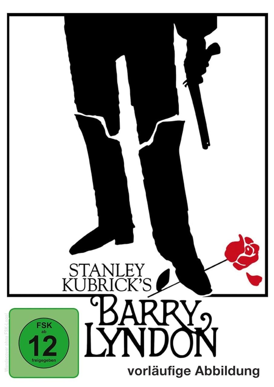 Filmplakat für Barry Lyndon. Schattenfigur mit Pistole, rote Rose und Titeltext. Enthält ein grünes FSK-Logo.