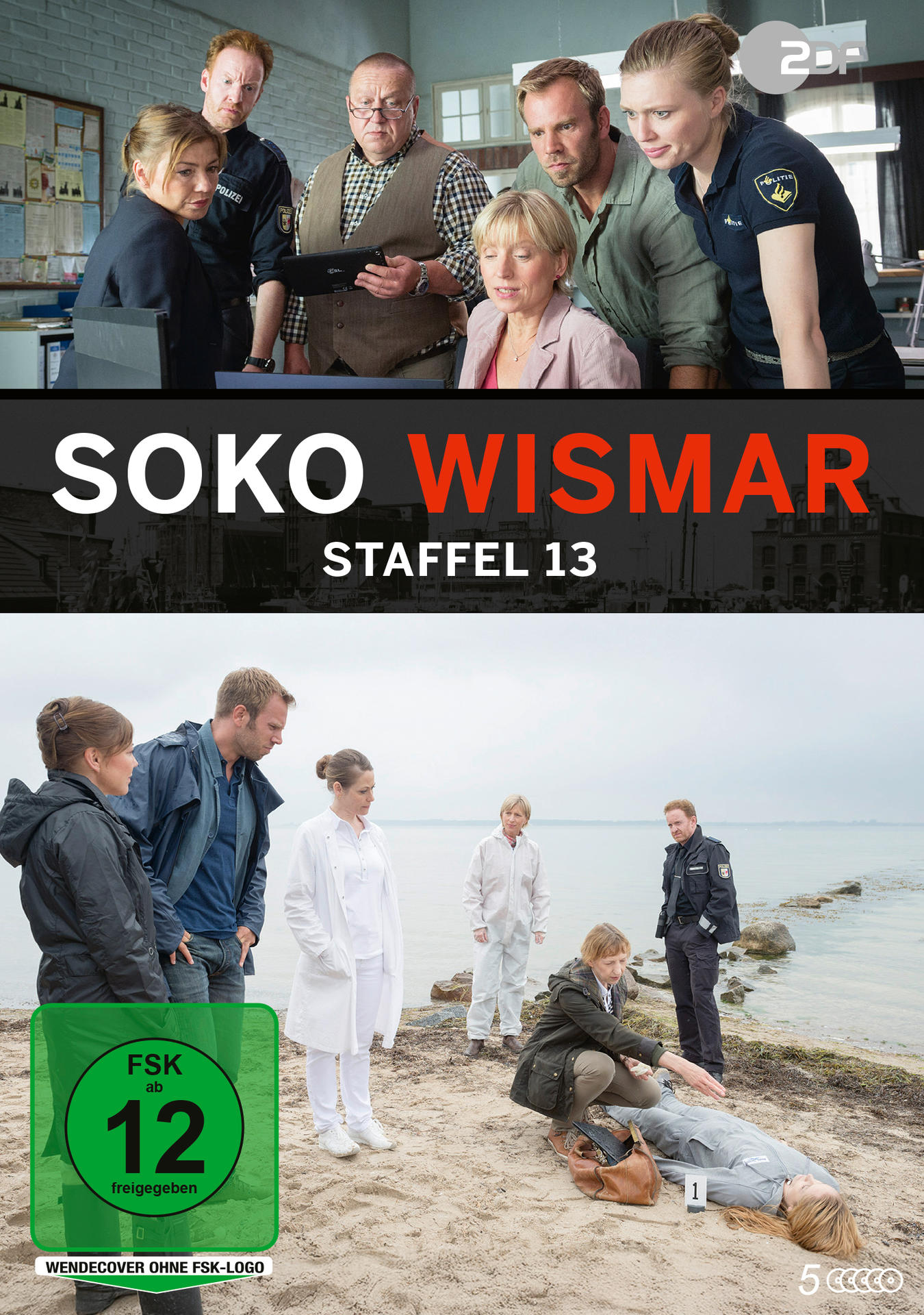 Poster für SOKO Wismar. Obere Hälfte zeigt eine Gruppe von Leuten. Untere Hälfte zeigt Leute in der Nähe einer Leiche am Strand.
