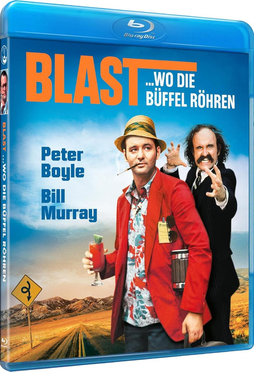 Blu-ray-Cover des Films Blast. Murray hält ein Getränk; ein anderer Mann gestikuliert. Hintergrund: Wüstenstraße.