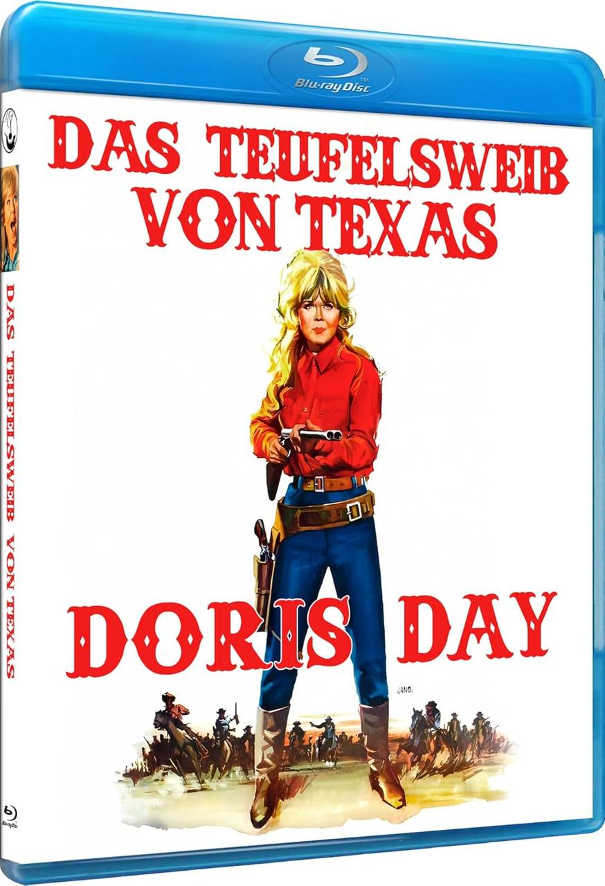 Filmcover. Eine Frau in roter Bluse und blauer Hose hält eine Waffe. Text: Das Teufelsweib Von Texas, Doris Day. Hintergrund: Cowboys auf Pferden.