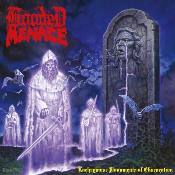 Album borítója: kapucnis alakok kardokkal, denevérek, síró szobor és a "Lachrymose Monuments of Obscuration" cím.
