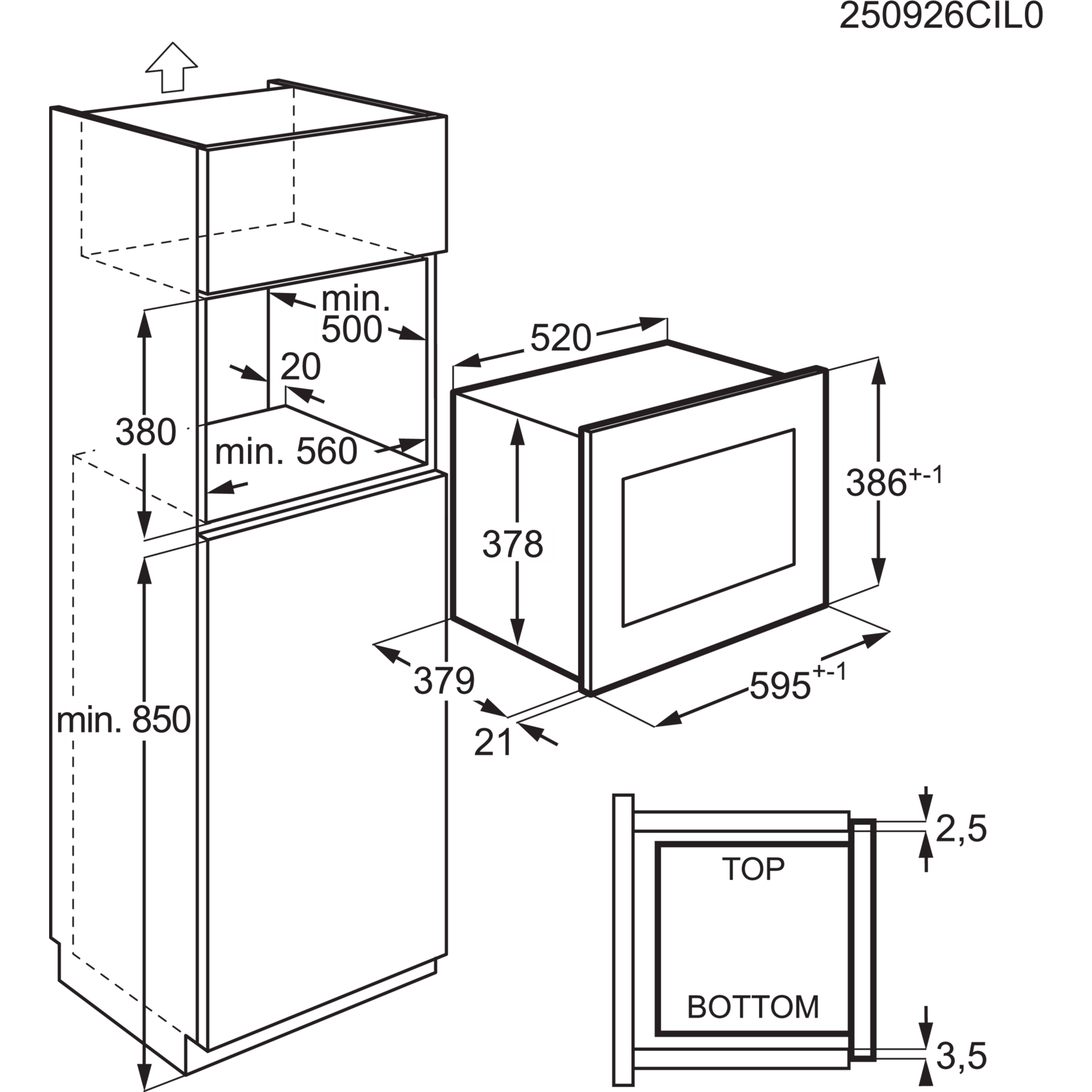 Diagramm eines Einbauofens mit Abmessungen, Maße in Millimetern. Draufsicht und Unteransicht des Ofens sind ebenfalls gezeigt.