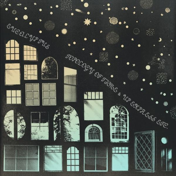 Eine künstlerische Collage mit verschiedenen Fensterillustrationen in Weiß. Sterne und Text sind auf dunklem Hintergrund verstreut, mit ein paar Bäumen sichtbar.