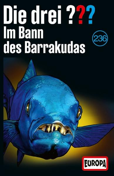 Titelbild für 'Die drei ??? Im Bann des Barrakudas'. Ein blauer Barracuda mit scharfen Zähnen dominiert vor dunklem Hintergrund.