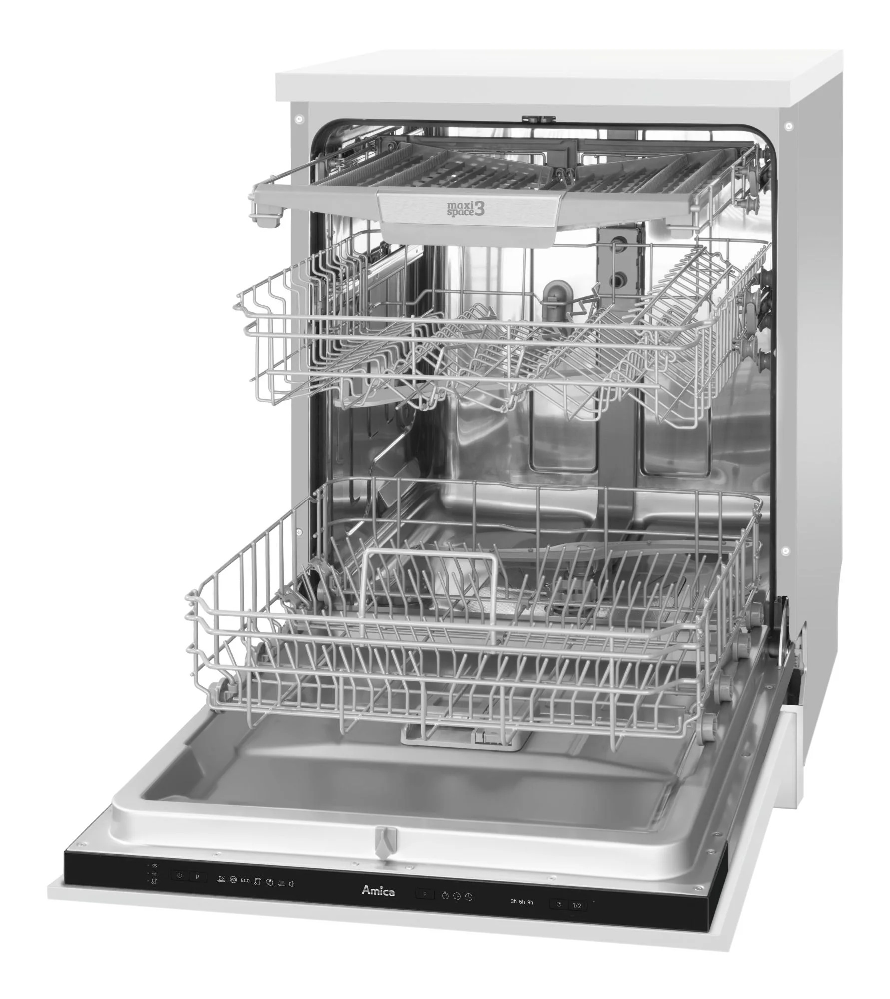Biała zmywarka z otwartymi drzwiami. W środku metalowe kosze. Panel sterowania jest czarny z białymi symbolami.
