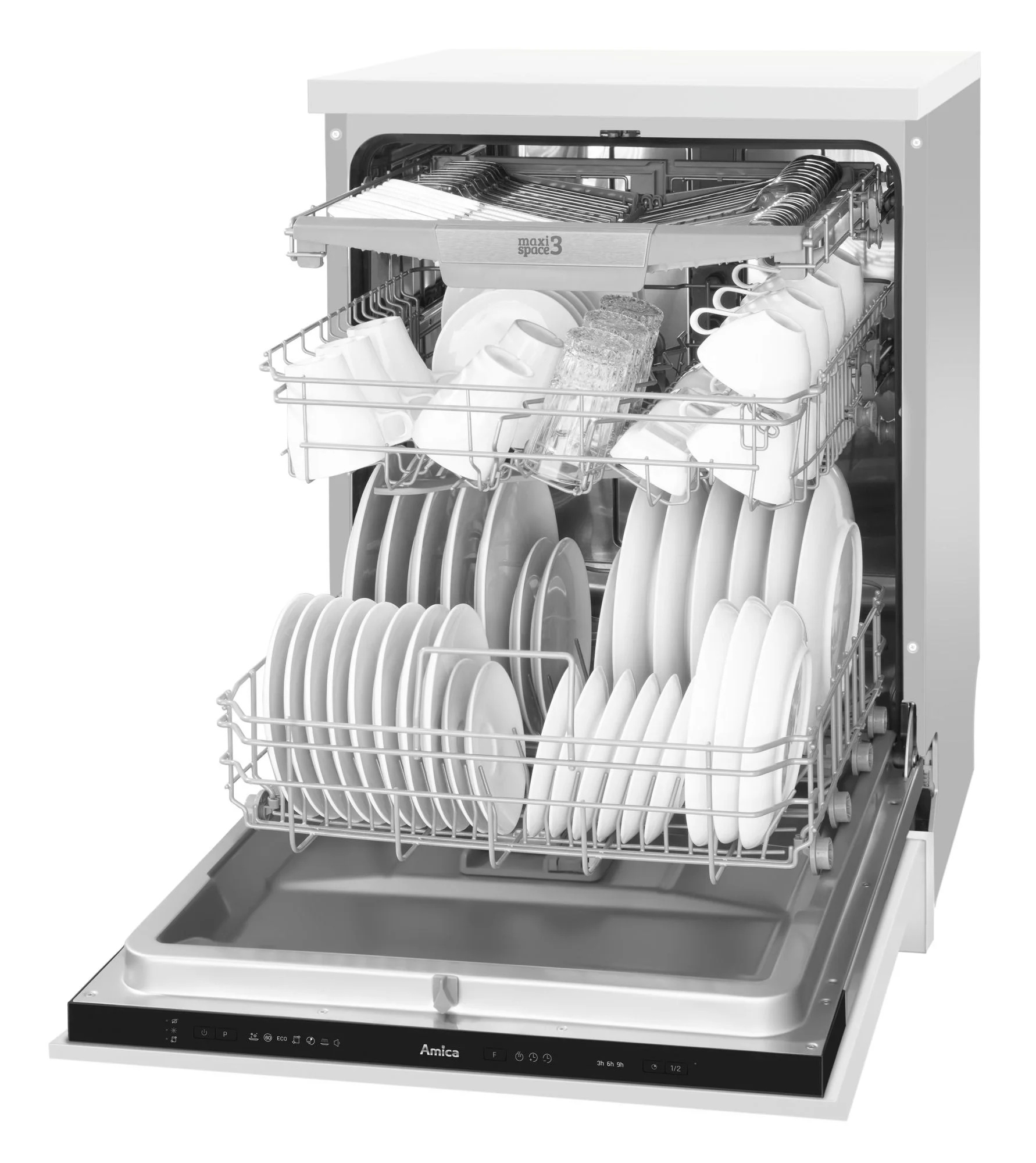 Otwarta zmywarka załadowana białymi talerzami, filiżankami i szklankami. Wnętrze ze stali nierdzewnej z czarnym panelem sterowania.
