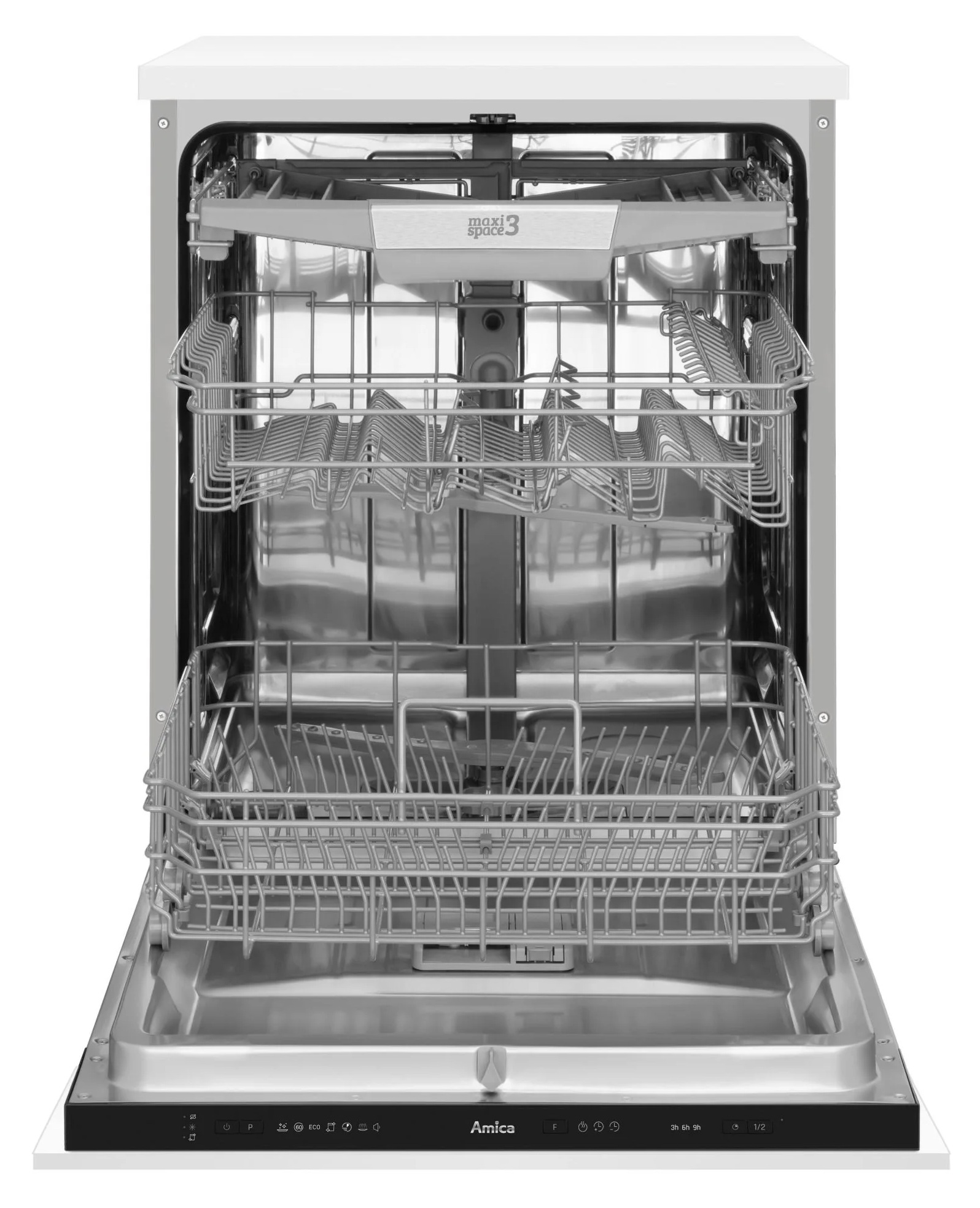 Otwarta zmywarka. Wewnątrz znajdują się metalowe kosze. Panel sterowania jest na dole, a marka to Amica.