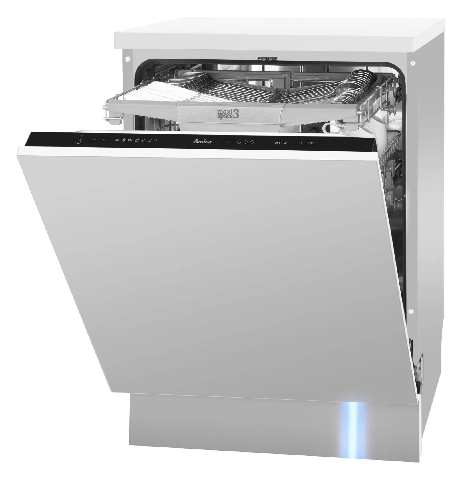 Biała zmywarka Amica z otwartymi drzwiami, odsłaniającymi wewnętrzne półki. Panel sterowania jest czarny.