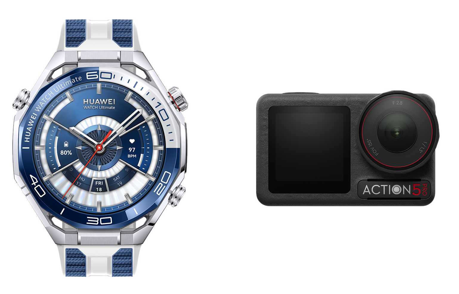 Smartwatch z niebieskimi akcentami obok czarnej kamery sportowej z obiektywem i ekranem, na czarnym tle.