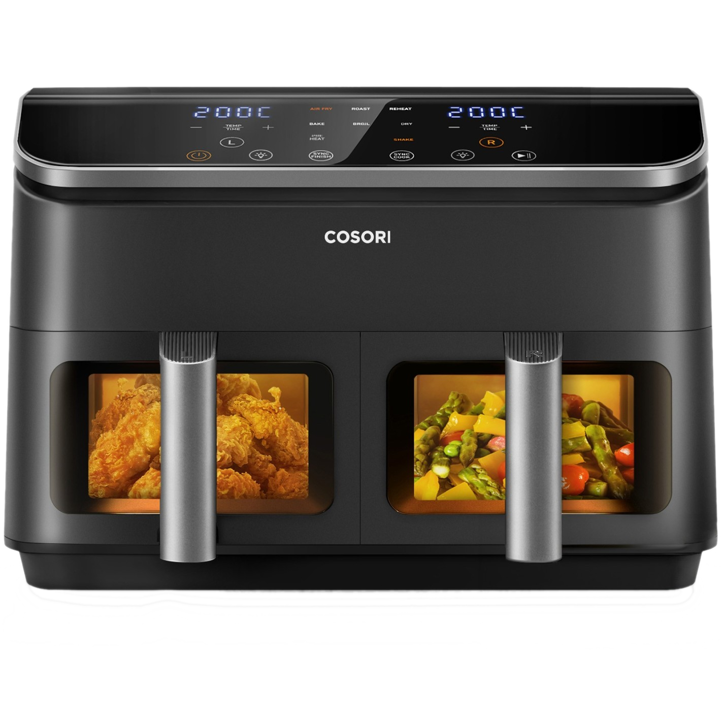 Czarna frytkownica beztłuszczowa Cosori z dwoma przegródkami. Jedna pokazuje smażonego kurczaka, druga warzywa.