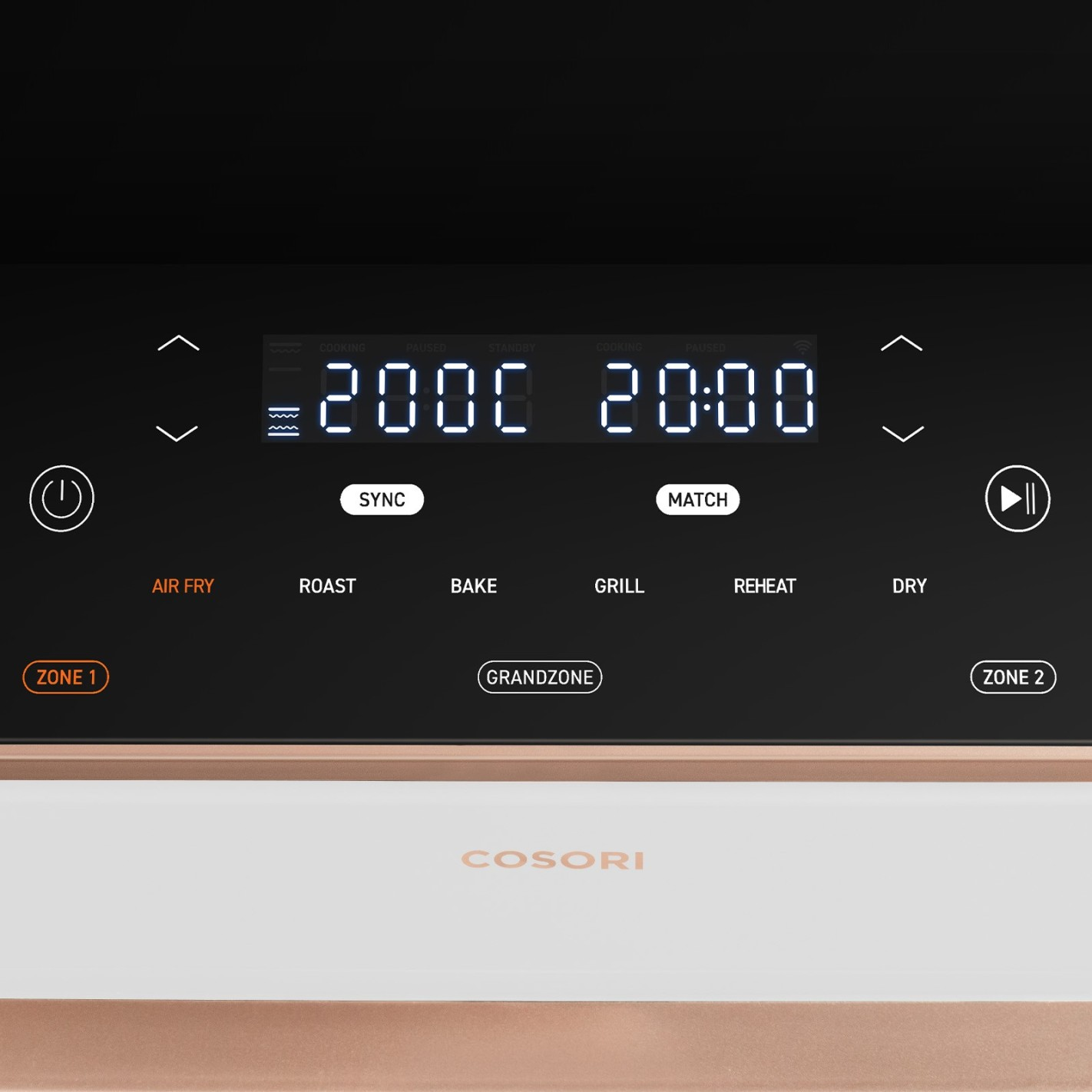 Zbliżenie cyfrowego interfejsu piekarnika. Wyświetla czas, temperaturę i funkcje gotowania, takie jak Air Fry, Pieczenie, Pieczenie i Podgrzewanie.