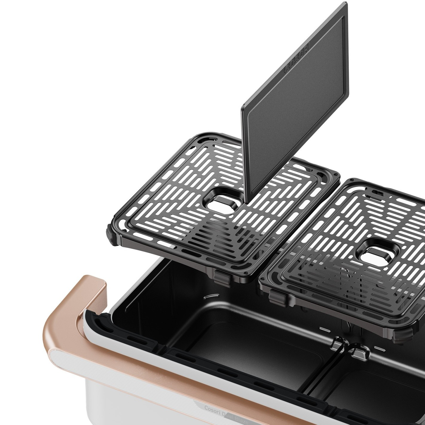 Frytownica beztłuszczowa jest pokazana w stanie rozłożonym. Ma czarne tace i czarny panel. Zewnętrzna strona jest biała i złota.