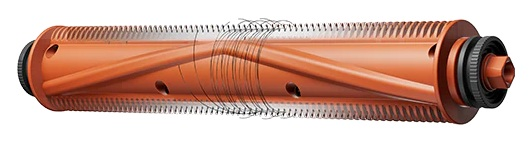 Pomarańczowa cylindryczna szczotka do odkurzacza z włosiem, czarnymi zaślepkami i centralną, kątową strukturą wsparcia.