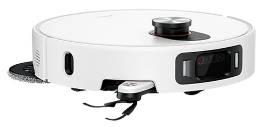 Biały robot odkurzający. Ma okrągły kształt z czarnym wierzchem i przednim aparatem. Posiada również szczotki i nakładkę do mopowania.