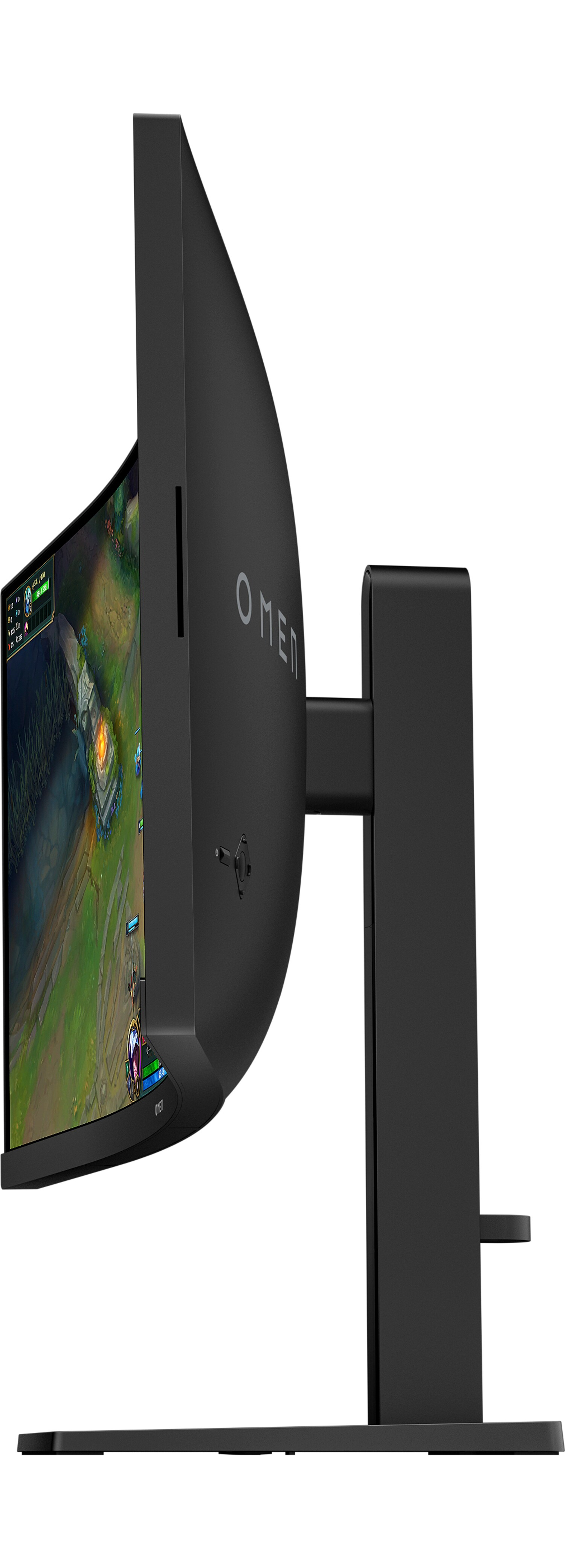 Schwarzer gebogener OMEN-Gaming-Monitor. Der Bildschirm zeigt ein Videospiel. Der Monitor steht auf einem schwarzen Ständer. Das OMEN-Logo ist sichtbar.
