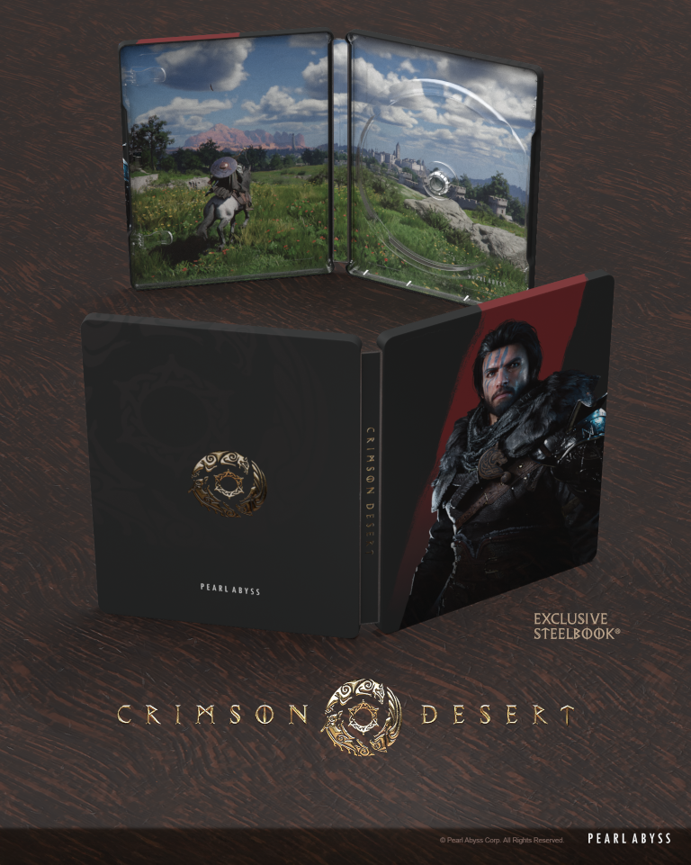 Steelbook Crimson Desert. Okładka przedstawia wojownika. Wewnątrz jeździec na koniu na polu i krajobraz miejski.