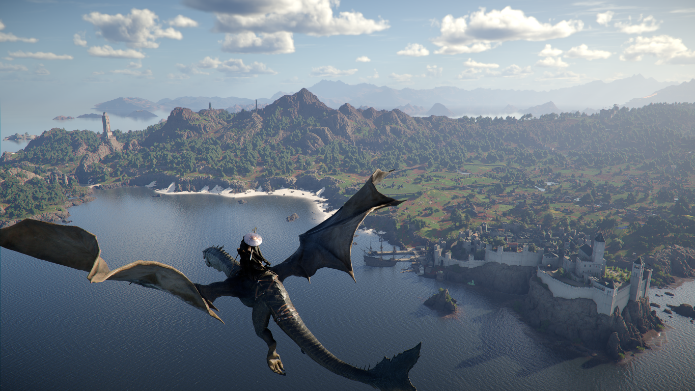 Smok leci nad krajobrazem nadmorskim. Jeździec jest na smoku. W tle góry, woda i miasto.