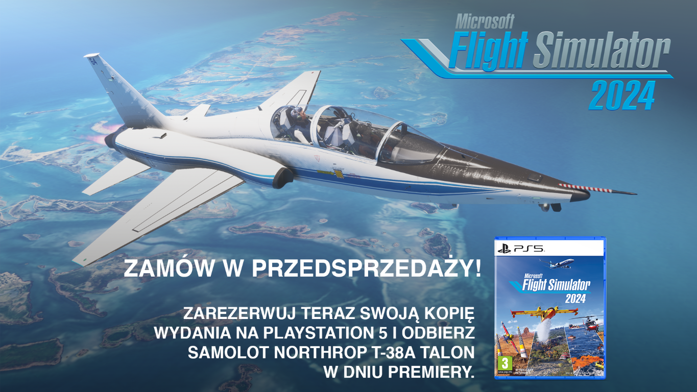 Biało-niebieski odrzutowiec leci nad błękitnym oceanem z wyspami. Obraz promuje Flight Simulator 2024 na PlayStation 5.