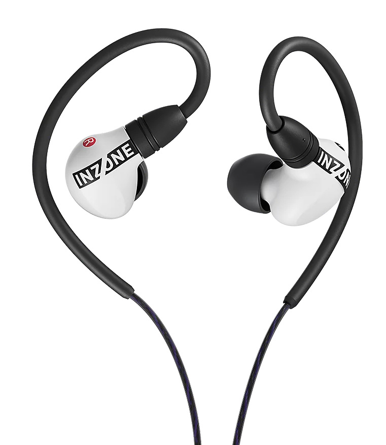 Para białych i czarnych słuchawek dousznych INZONE. Mają czarne pętle na uszy i fioletowo-czarne przewody.