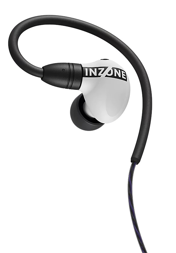 Biało-czarny pączek INZONE z czarnym haczykiem na ucho. Przewód jest czarny z fioletowymi akcentami. Pączek jest biały.