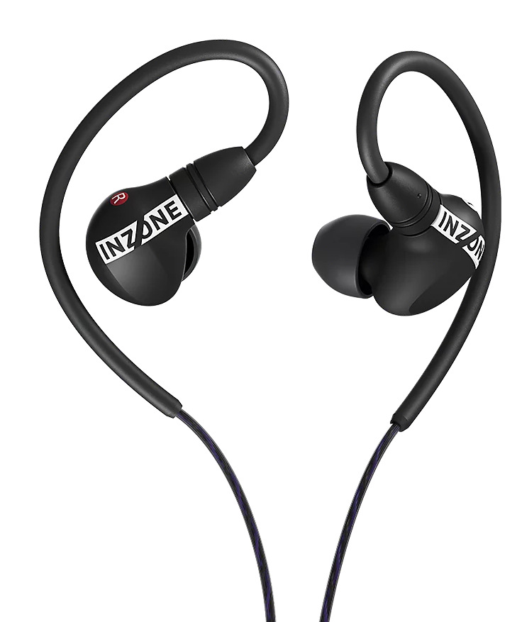 Czarne słuchawki douszne z napisem INZONE w kolorze białym. Haczyki na uszy zakrzywiają się wokół uszu. Kable są czarne i fioletowe.