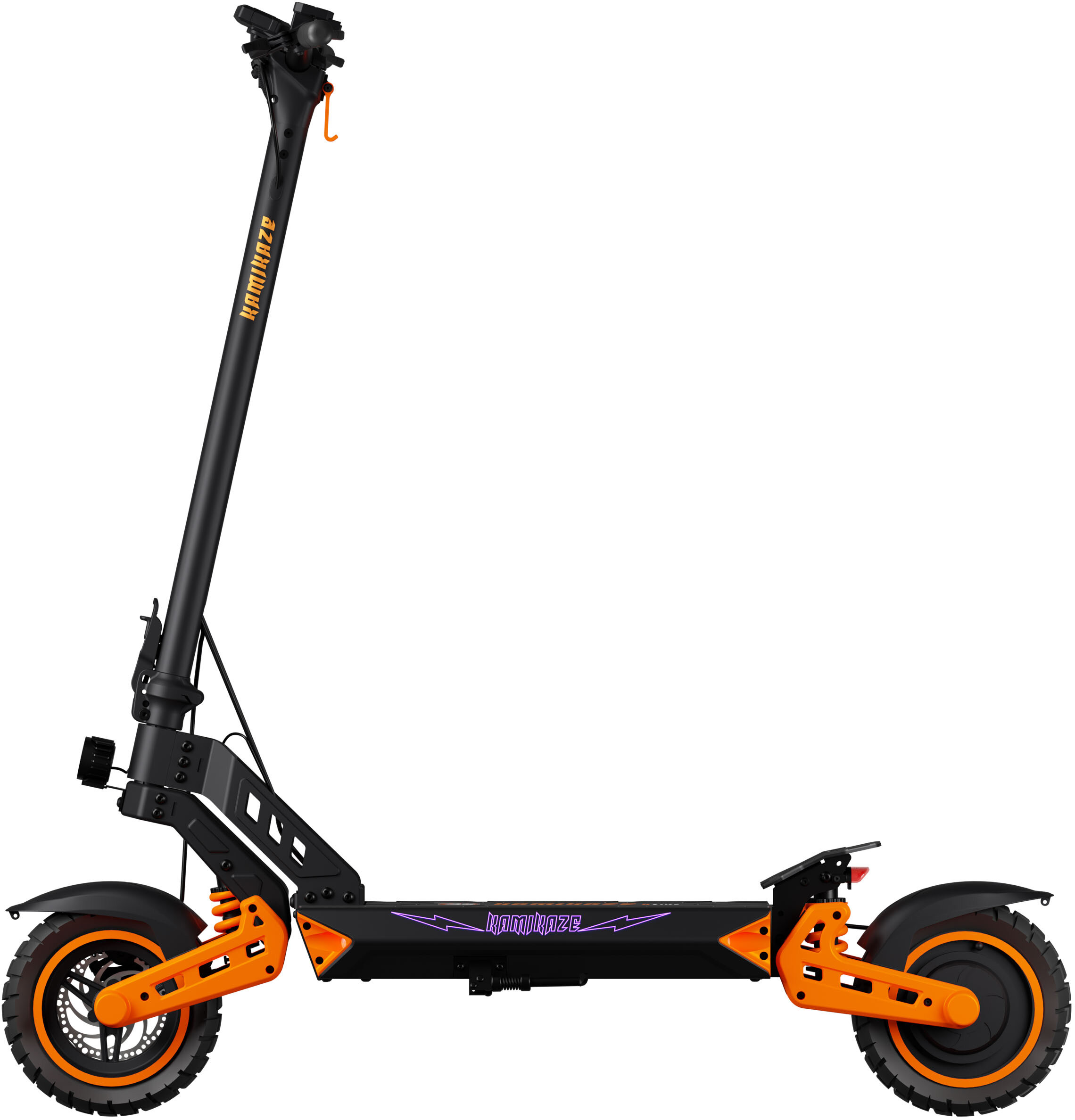 Czarno-pomarańczowa hulajnoga elektryczna. Posiada duże koła, zawieszenie i markę 'Kamikaze'.