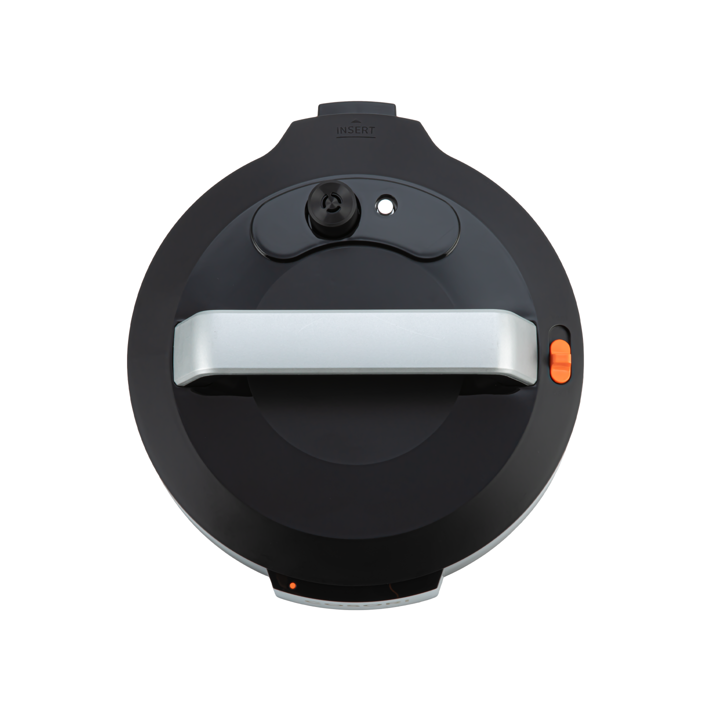 Czarna pokrywa szybkowaru ze srebrnym uchwytem, pomarańczowym przyciskiem i pokrętłem. Tło jest czarne.