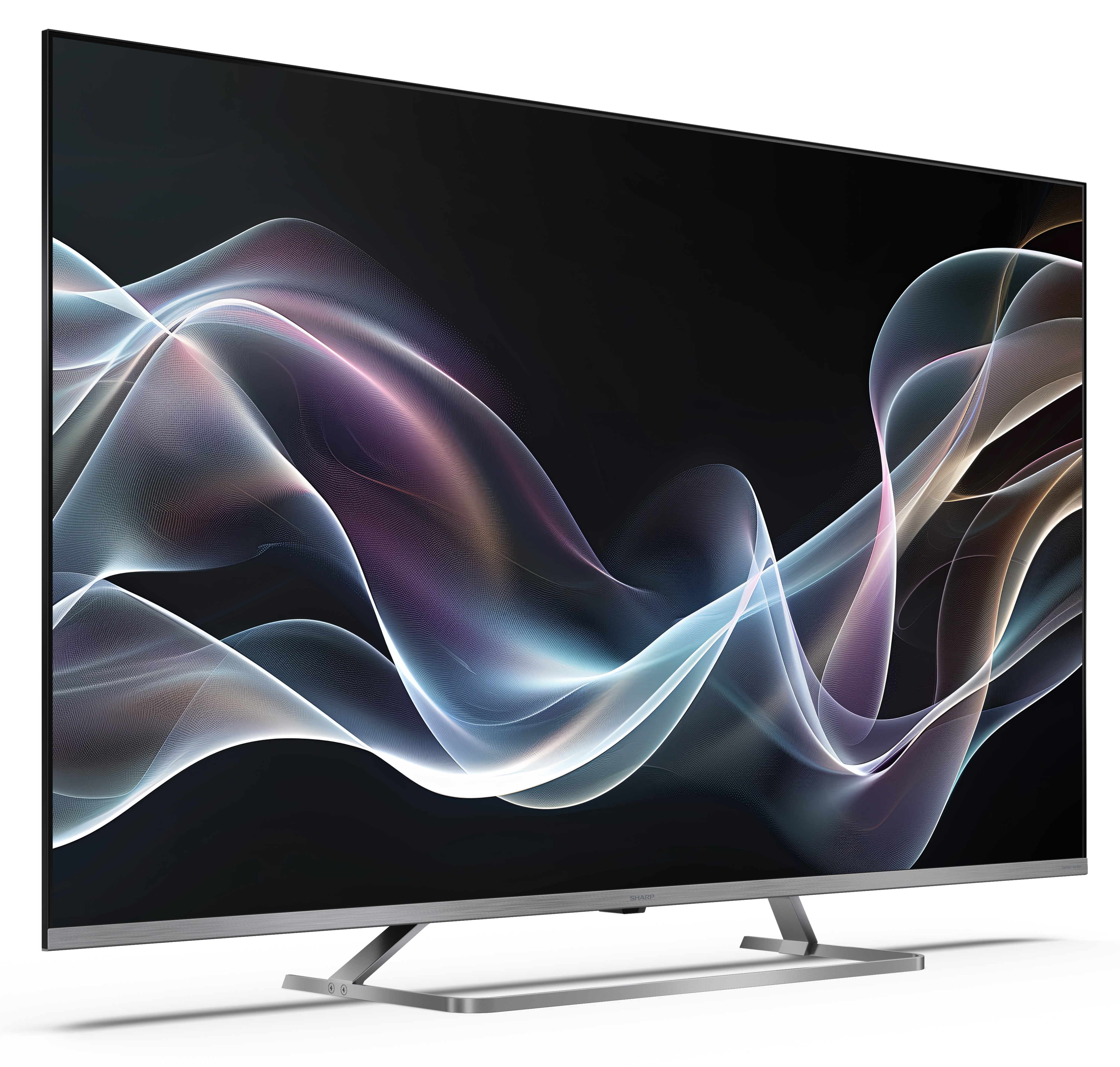 Nowoczesny telewizor wyświetla abstrakcyjne, płynące linie w kolorze białym, fioletowym i niebieskim na czarnym tle. Ma srebrną podstawkę.