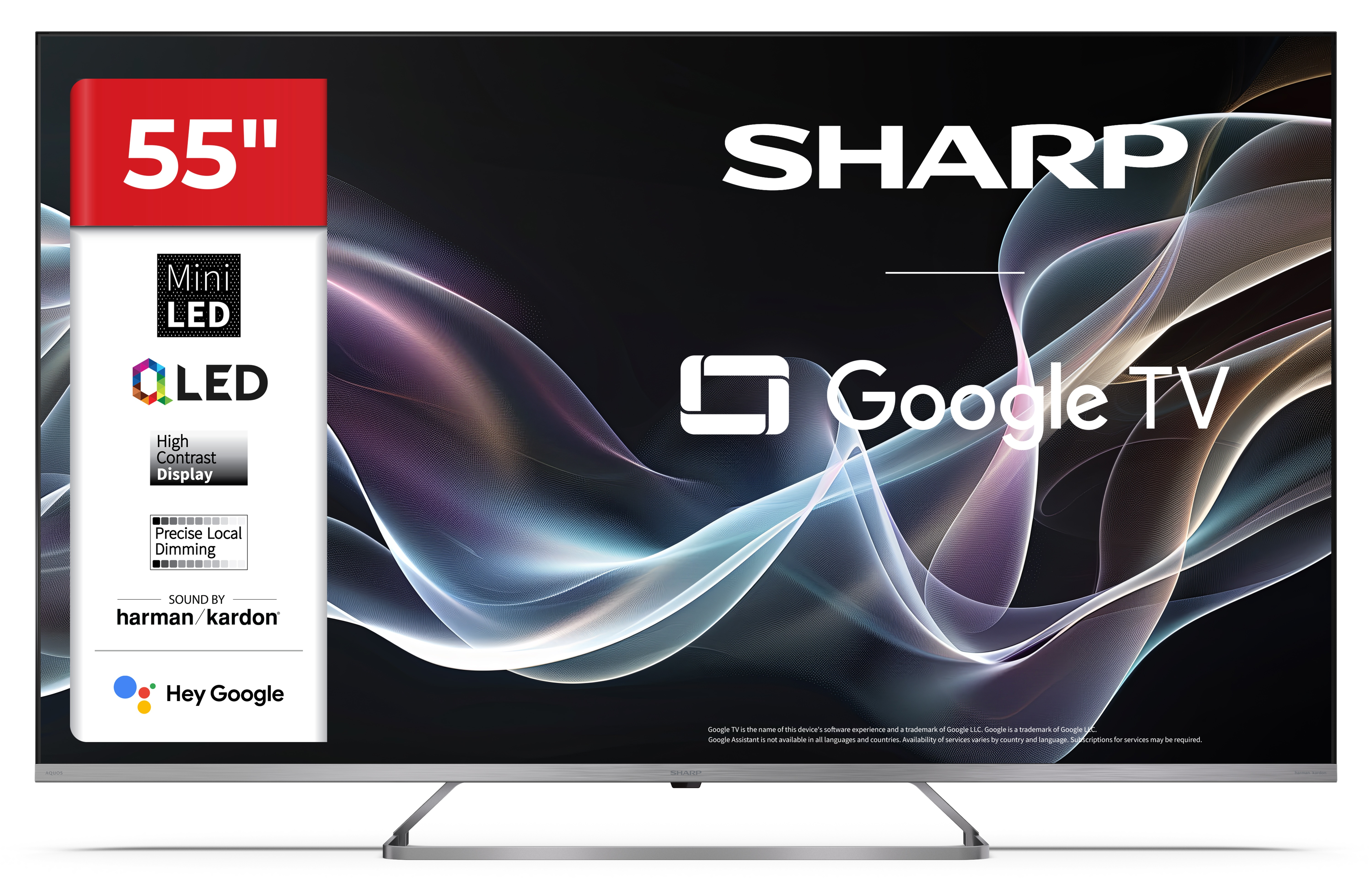 55-calowy telewizor Sharp Google. Funkcje obejmują Mini LED, QLED i dźwięk Harman Kardon. Ekran wyświetla abstrakcyjne fale świetlne.
