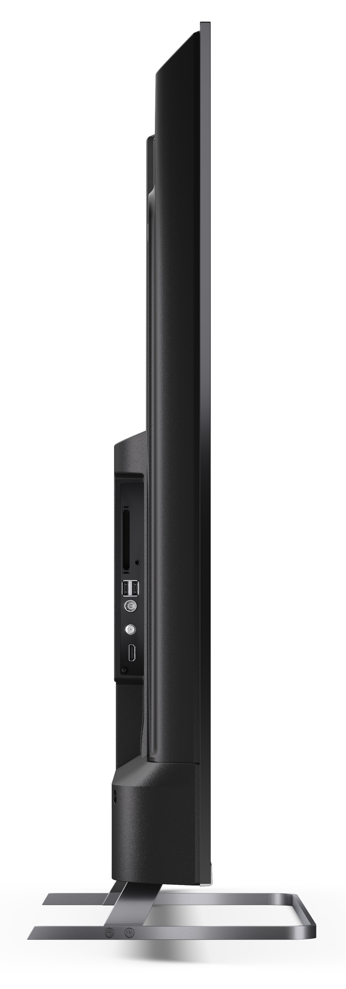 Widok z boku czarnego telewizora. Widoczne porty, podstawa i krawędź ekranu. Białe tło.