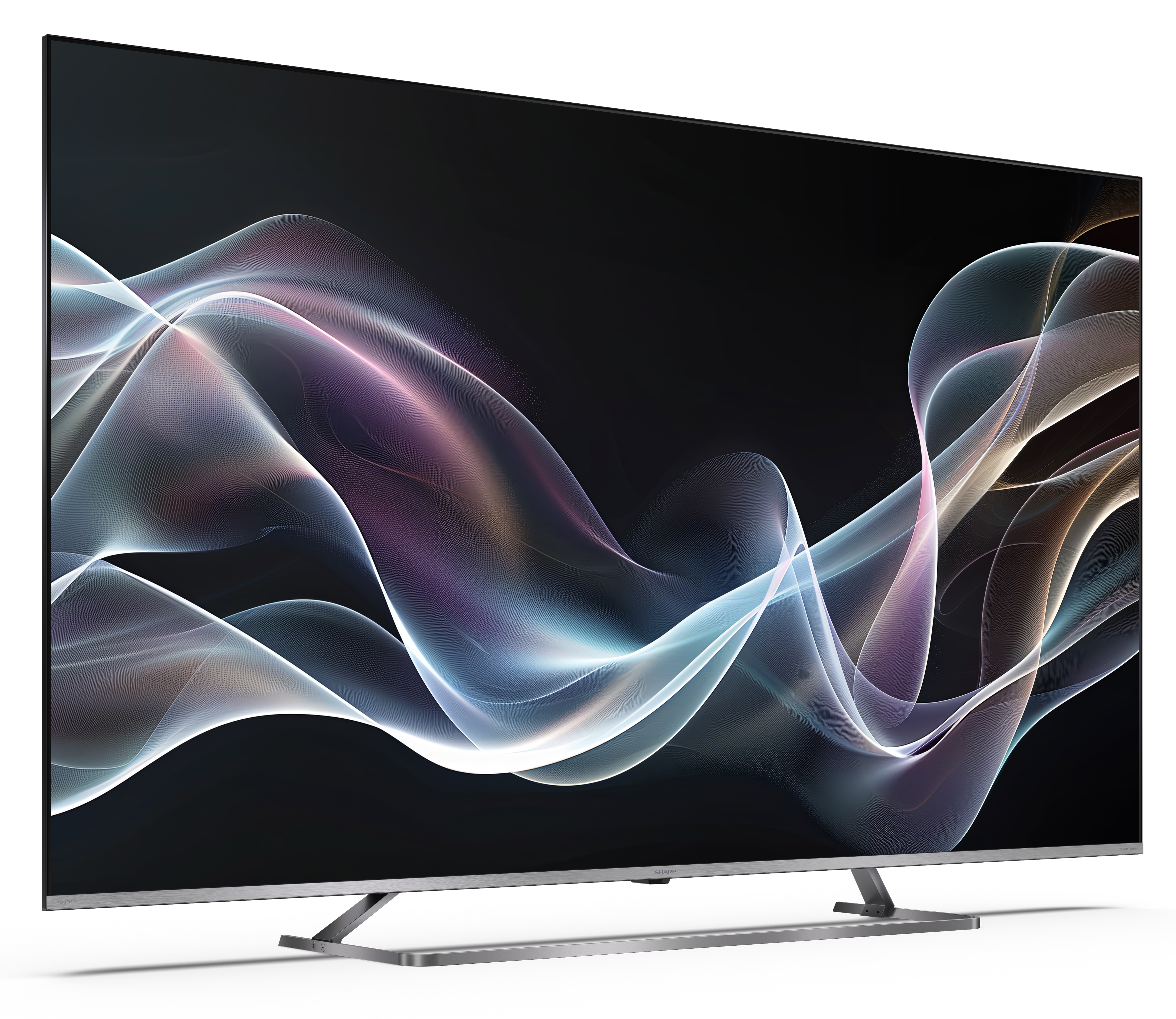 Nowoczesny telewizor wyświetla abstrakcyjne, płynące linie w kolorze białym, fioletowym i niebieskim na czarnym tle. Ma srebrną podstawę.