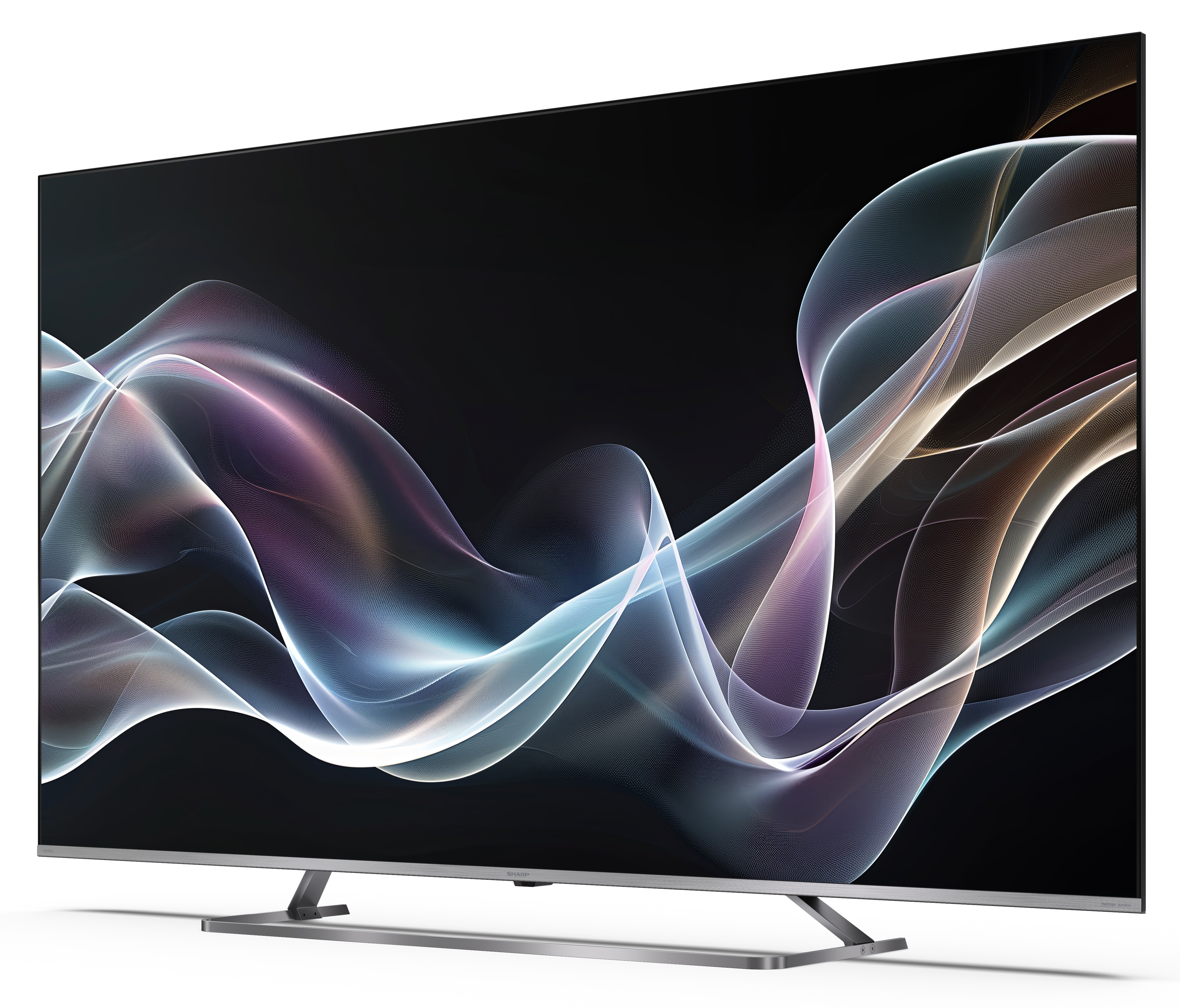 Duży, nowoczesny telewizor z czarnym ekranem wyświetlającym abstrakcyjne, kolorowe, płynące wzory. Stoi na metalowym stojaku.