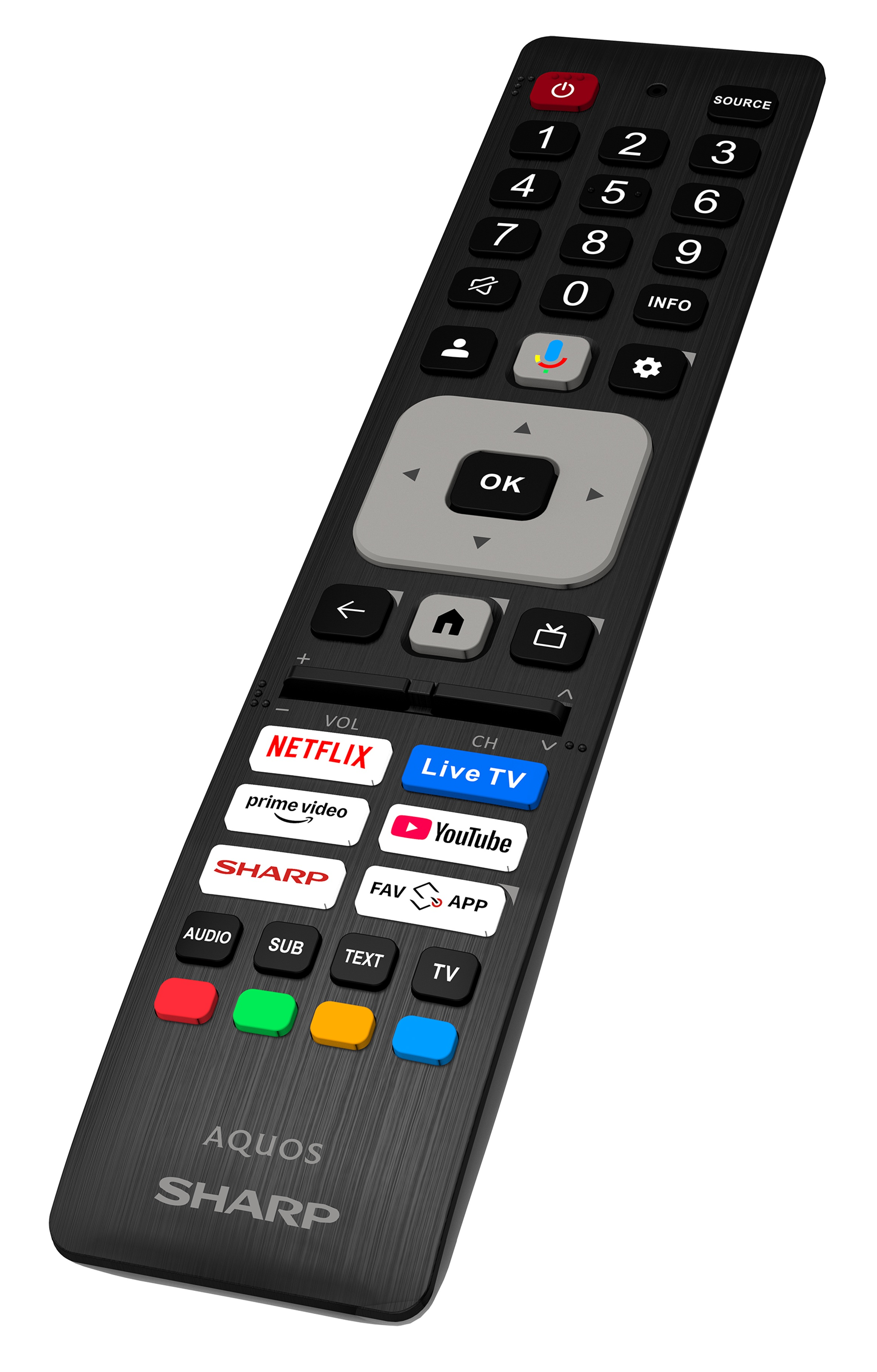Czarny pilot do telewizora Sharp. Ma wiele przycisków, w tym Netflix, YouTube i regulację głośności.
