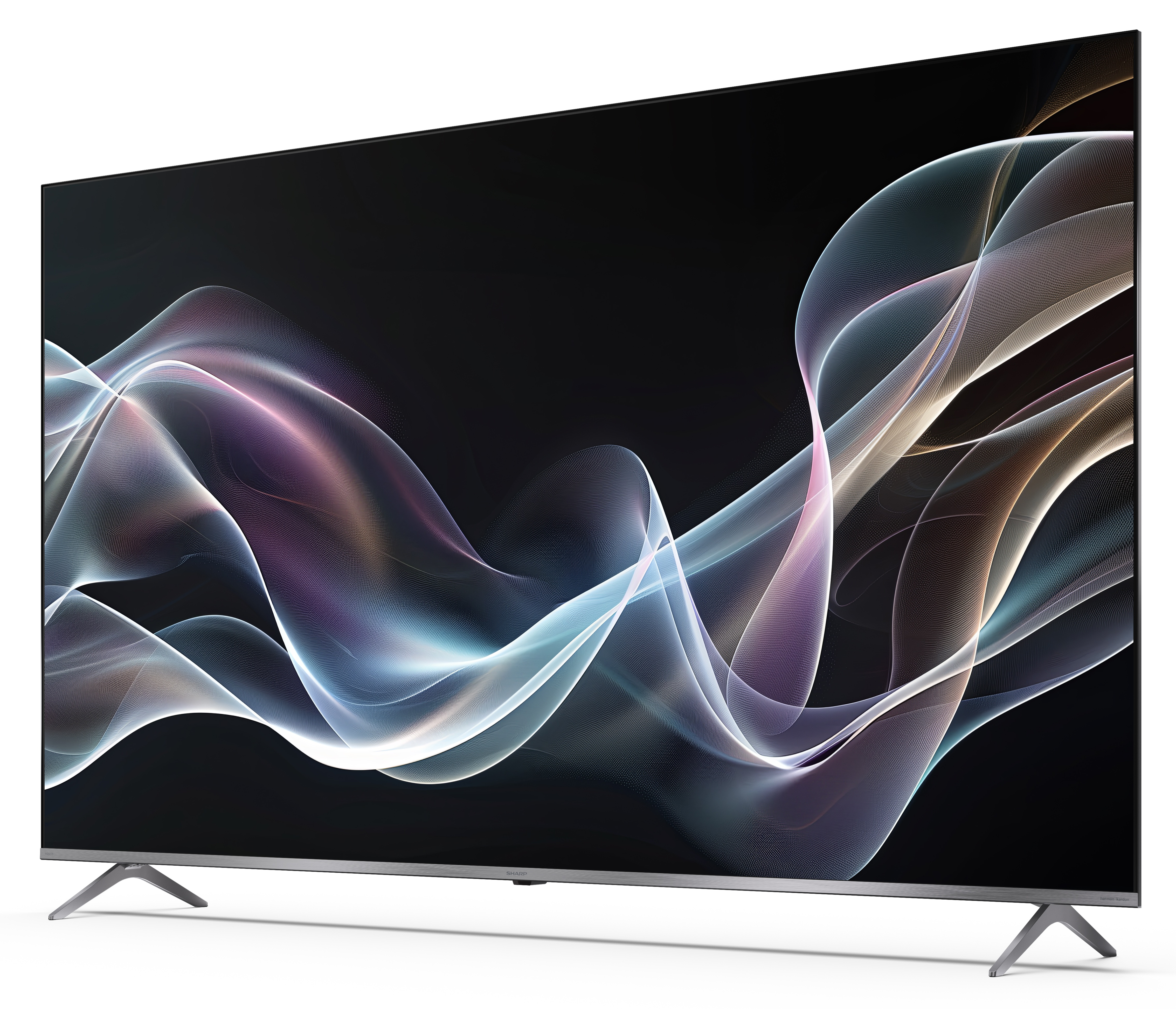 Duży, nowoczesny telewizor z czarnym ekranem wyświetlającym kolorowe, abstrakcyjne wzory fal.