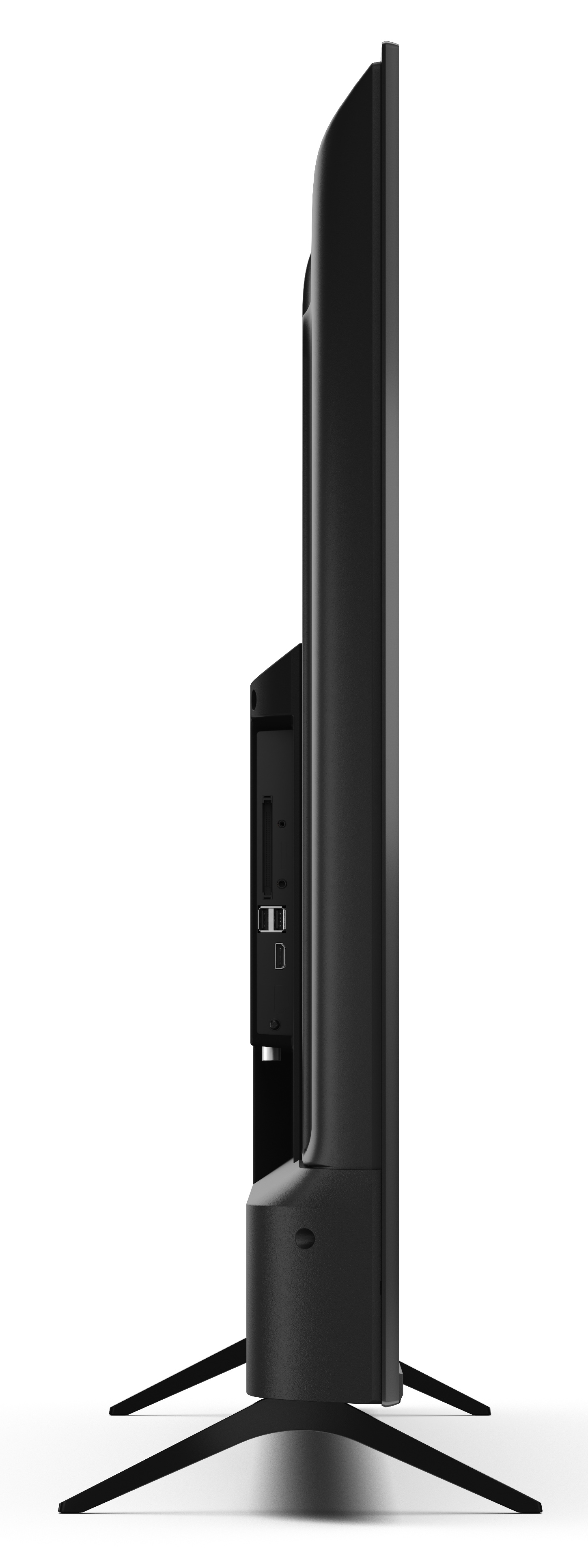 Widok z boku czarnego telewizora na białym tle. Ma porty, podstawę i smukłą konstrukcję.