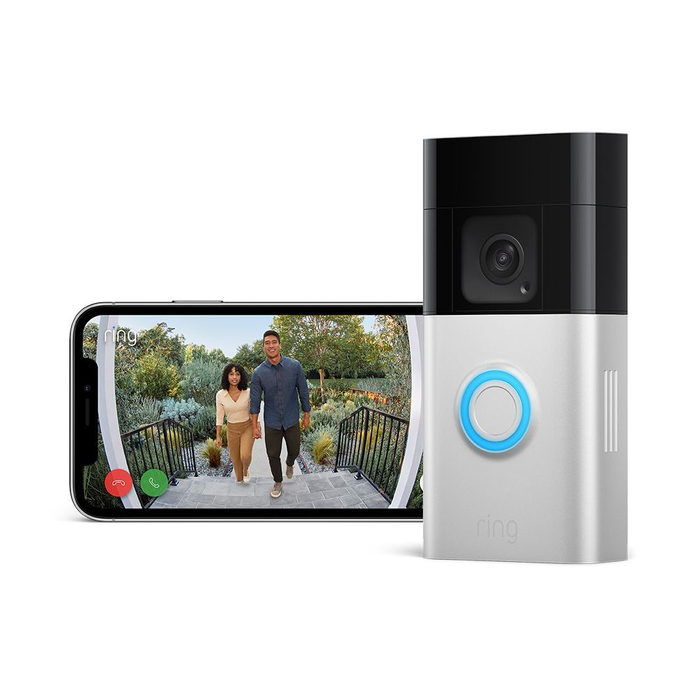Ring-Türklingel mit einem Telefon, das ein Paar beim Gehen zeigt. Die Türklingel ist silber und schwarz. Das Telefon zeigt ein Paar, das Treppen hinuntergeht.