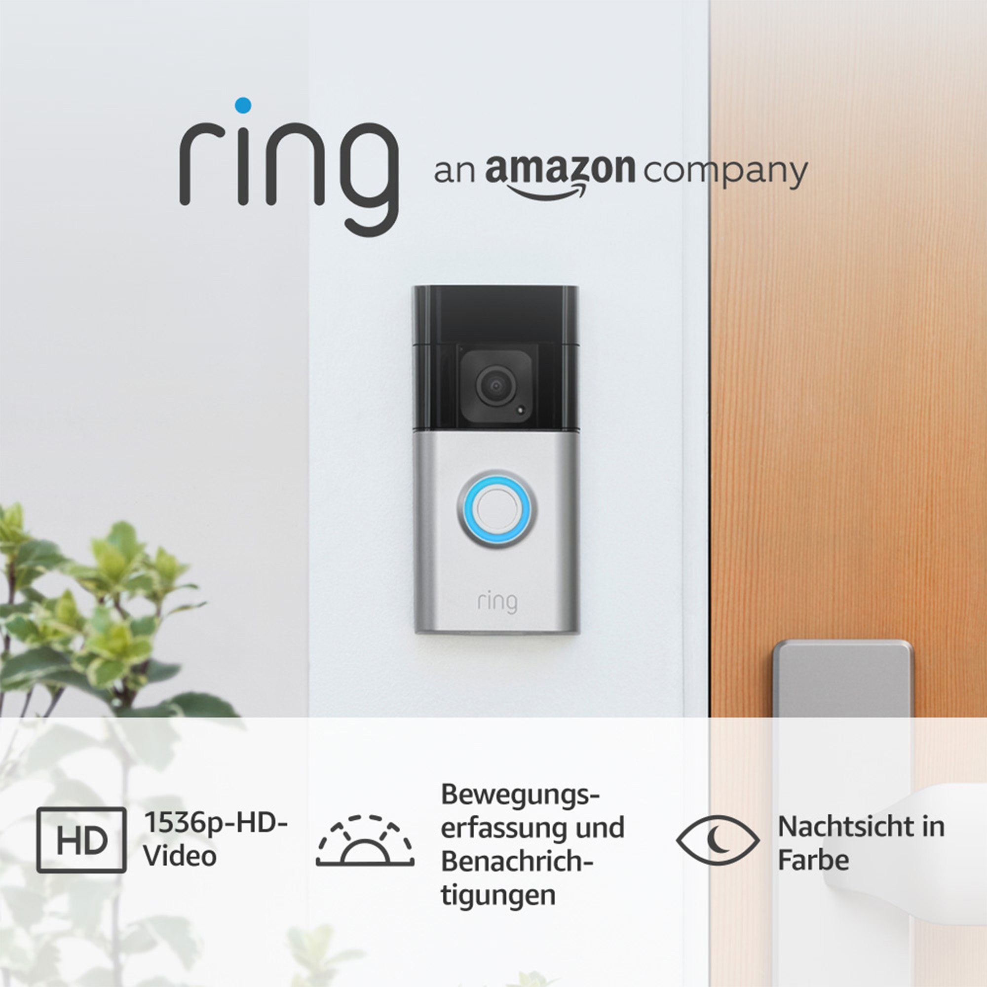 Ring-Video-Türklingel an einer weißen Wand. Enthält HD-Video, Bewegungserkennung, Farb-Nachtsicht und ist ein Amazon-Unternehmen.