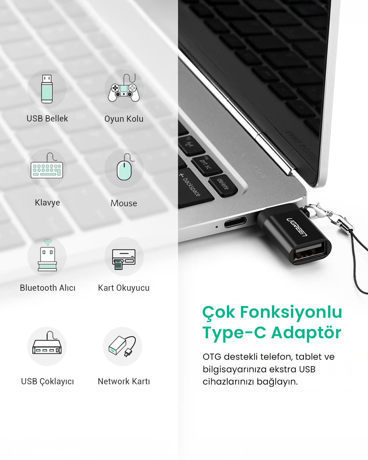 Siyah bir UGREEN Type-C adaptör, bir dizüstü bilgisayara bağlı. Sol tarafta USB cihazlarının simgeleri, Türkçe metin.