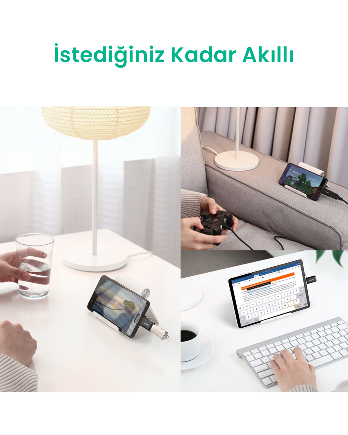 Cihazlara bağlı telefonları ve tabletleri gösteren çoklu sahneler. Bir kişi bir kontrolör tutuyor, diğeri ise bir klavyede yazıyor.