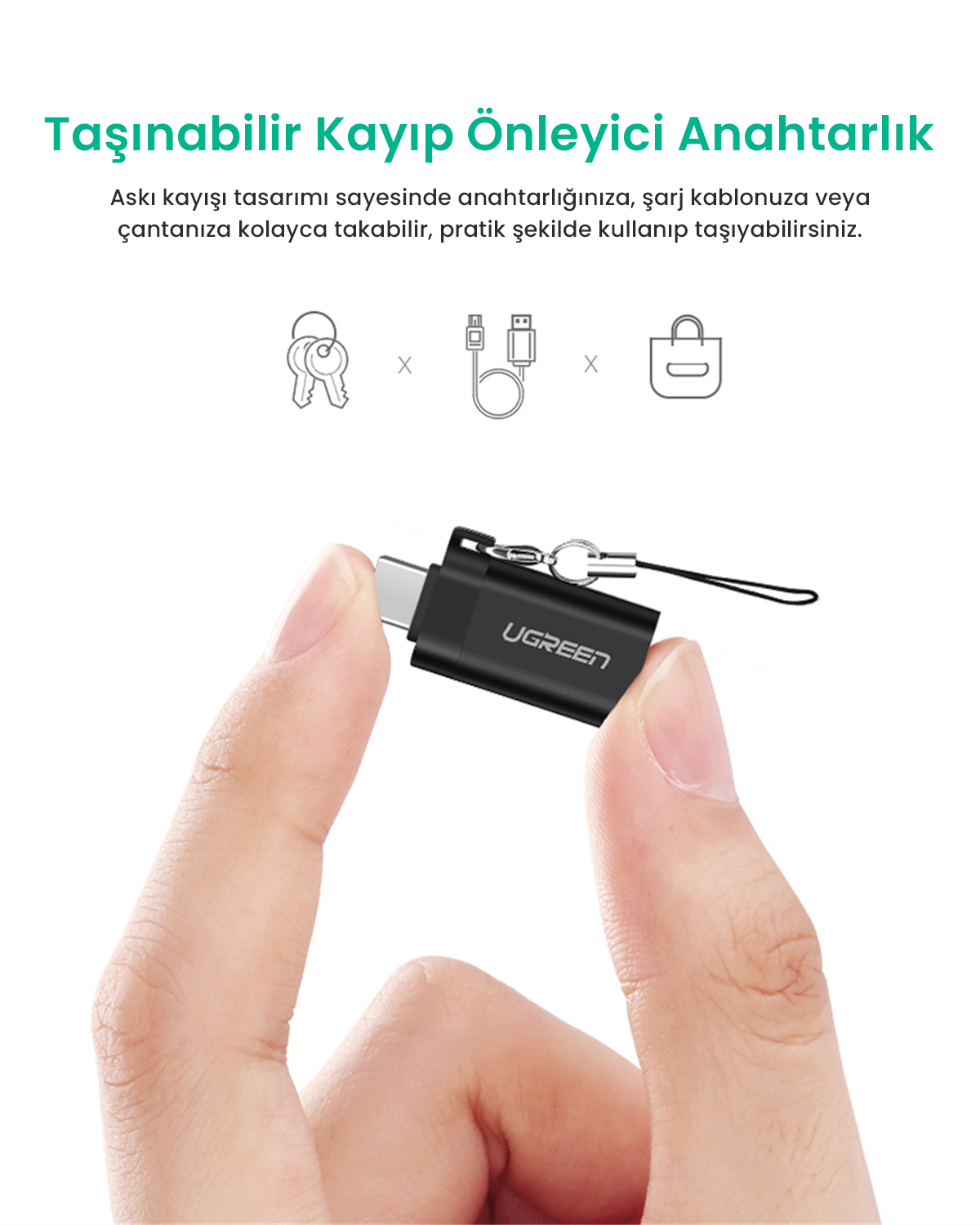 Bir kişi siyah bir UGREEN adaptör tutuyor. Görüntü, beyaz bir arka plan üzerinde anahtarların, bir kablonun ve bir çantanın çizgi çizimlerini içerir.