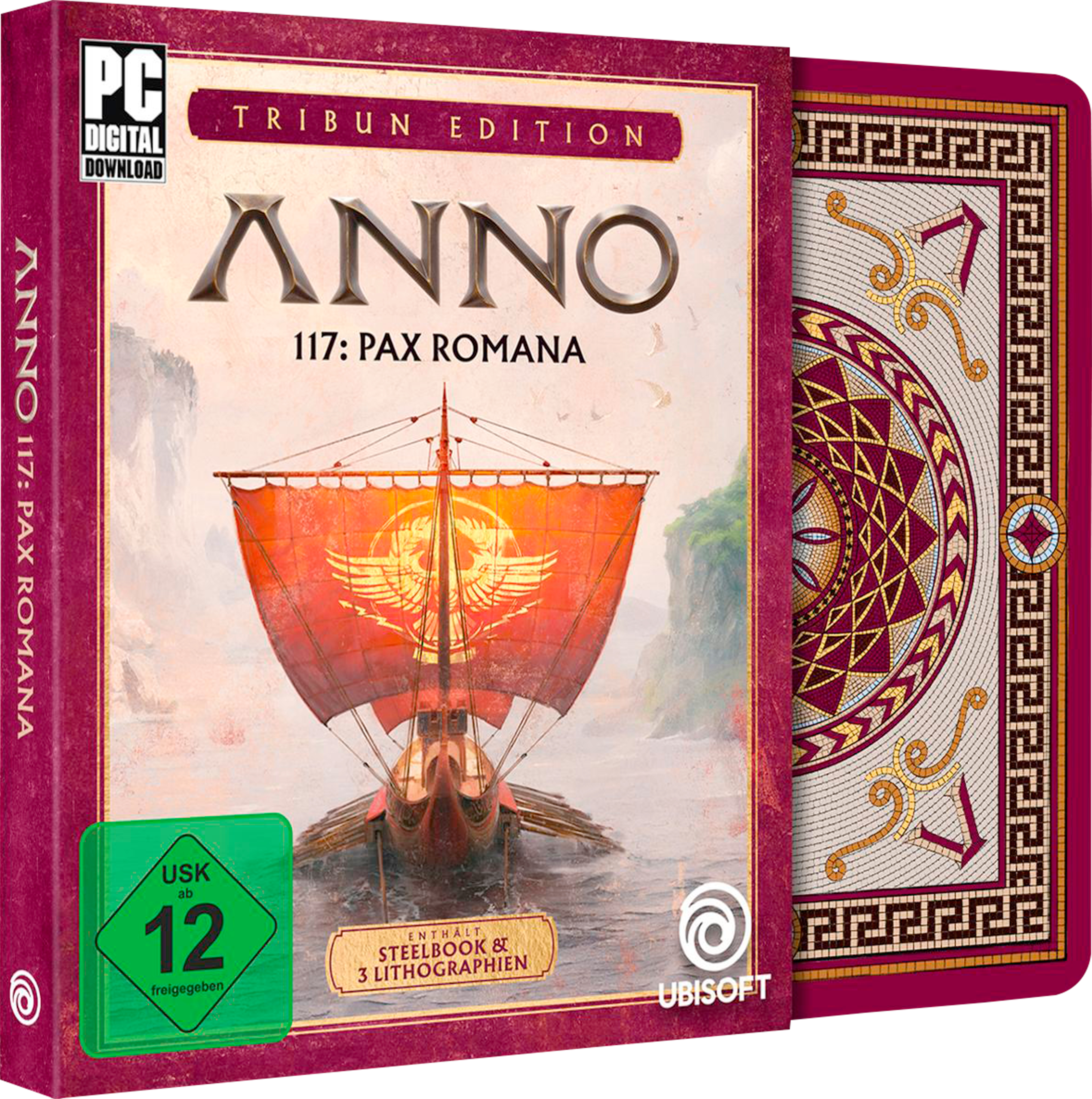 Spielbox von Anno 117: Pax Romana. Zeigt ein Schiff mit roten Segeln, den Spieletitel und das Ubisoft-Logo. Die Box hat einen roten Rand.