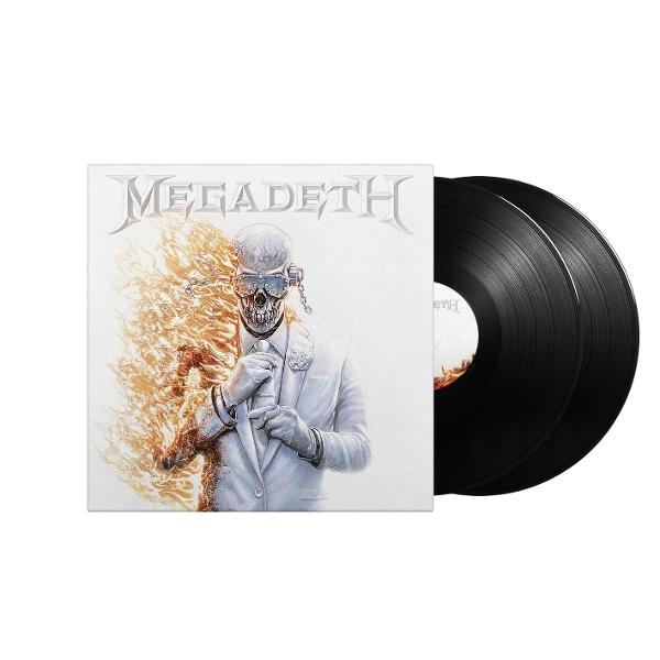 Albumcover von Megadeth mit einem Totenkopf im Anzug, brennenden Flammen und zwei schwarzen Schallplatten.