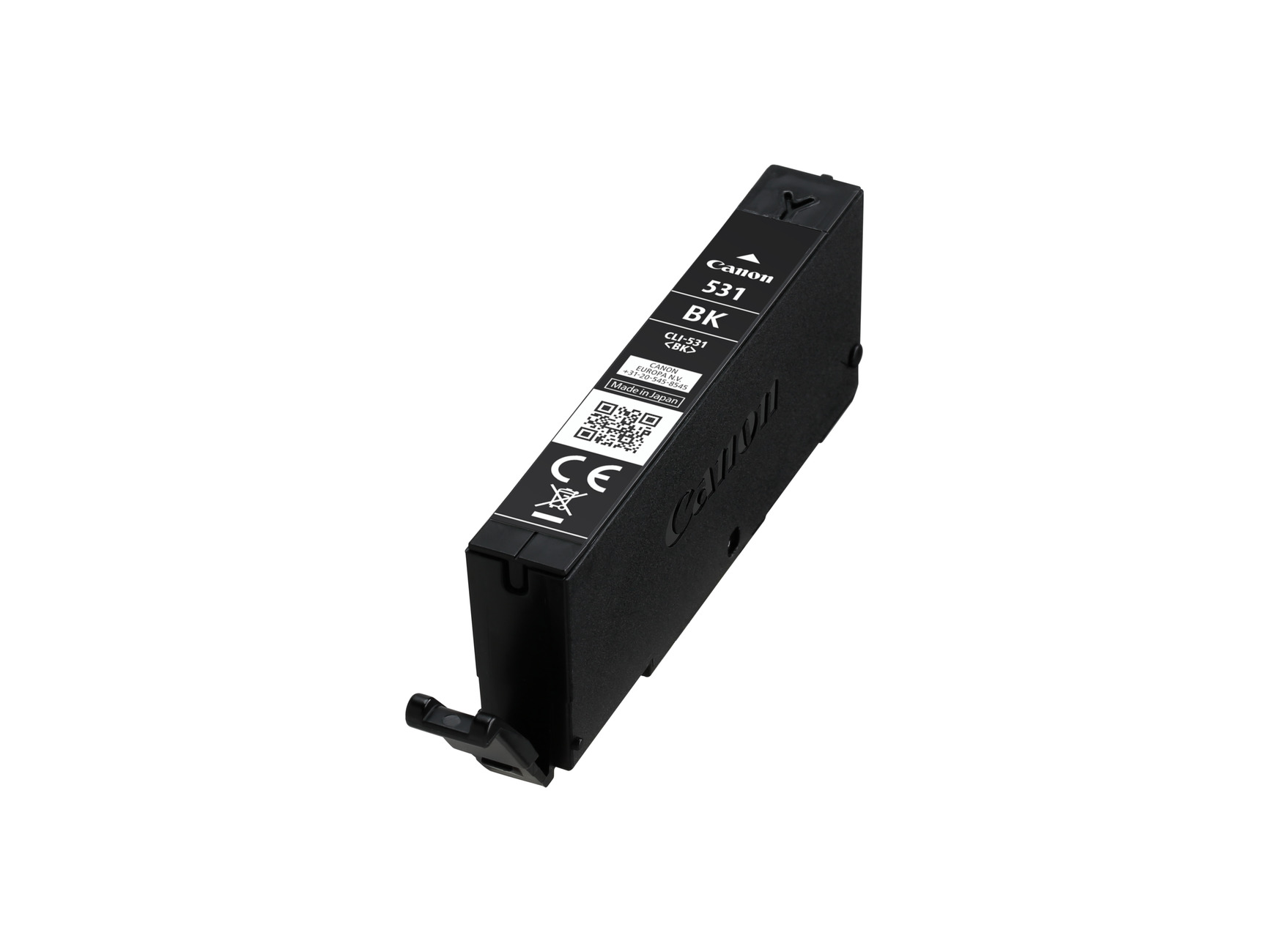 Eine schwarze Canon 531 BK Tintenpatrone auf weißem Hintergrund. Die Patrone hat Produktinformationen und ein CE-Zeichen.