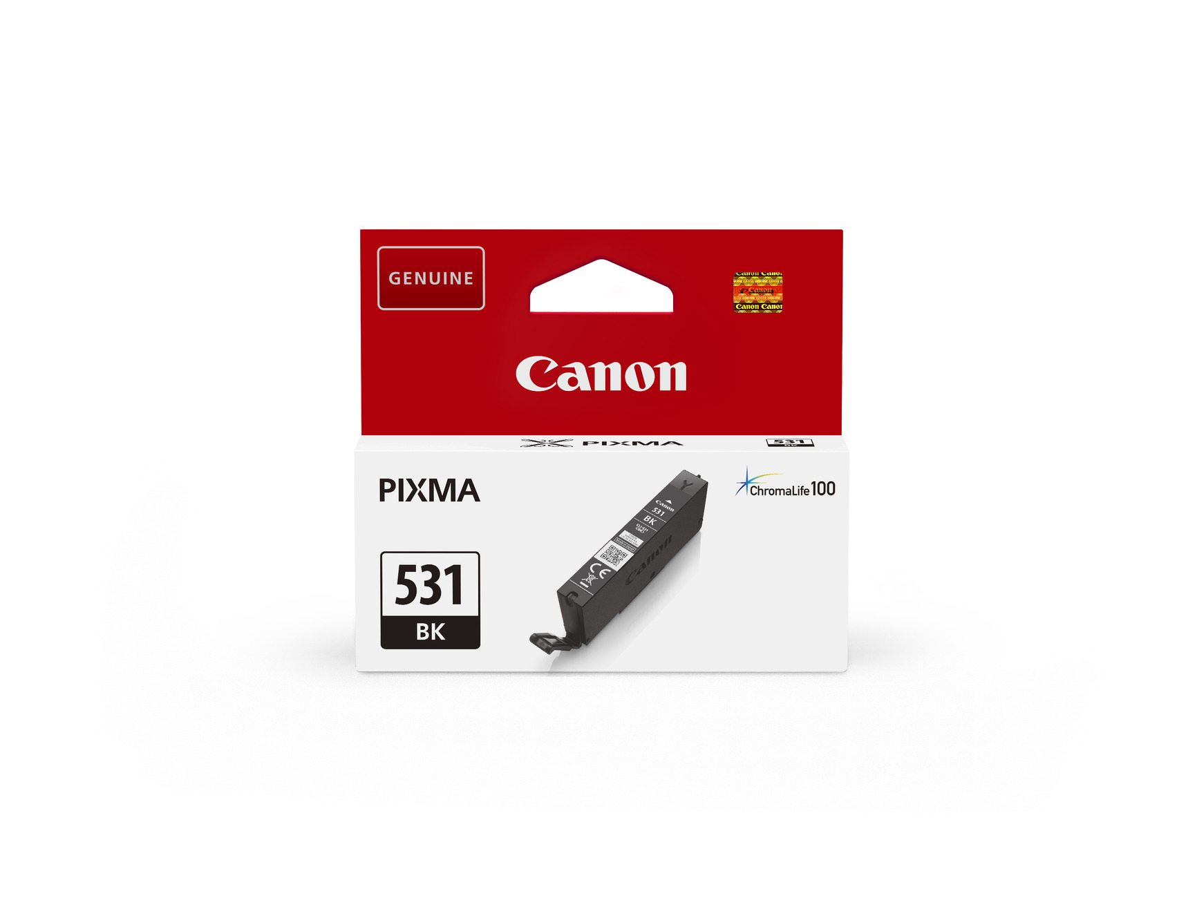Eine Canon Pixma 531 BK Tintenpatronenbox. Die Box ist rot und weiß mit dem Canon-Logo, Tintenpatrone innen.