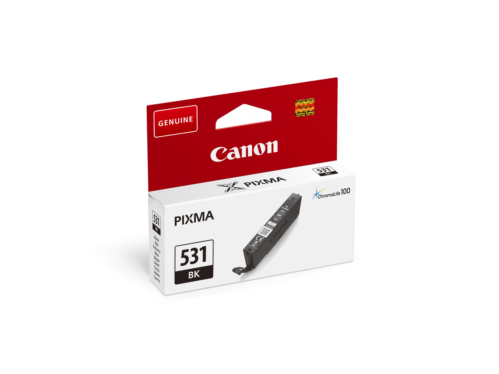 Eine Canon Pixma 531 BK Tintenpatronenbox, schwarz und weiß, mit dem Canon-Logo auf rotem Hintergrund.