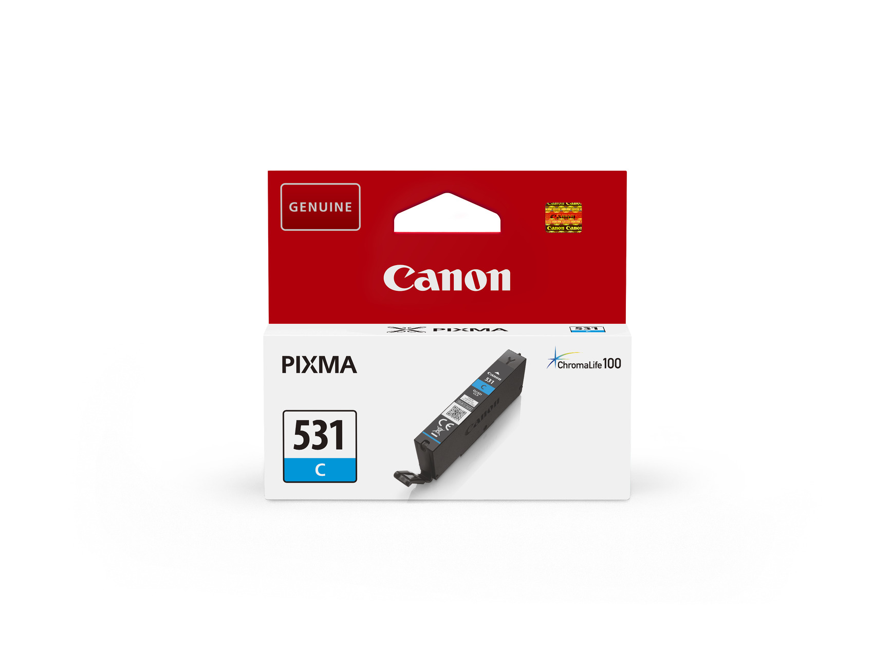 Boîte de cartouche d'encre Canon Pixma 531 C, rouge et blanche. Contient une cartouche d'encre noire. Le produit est sur fond blanc.