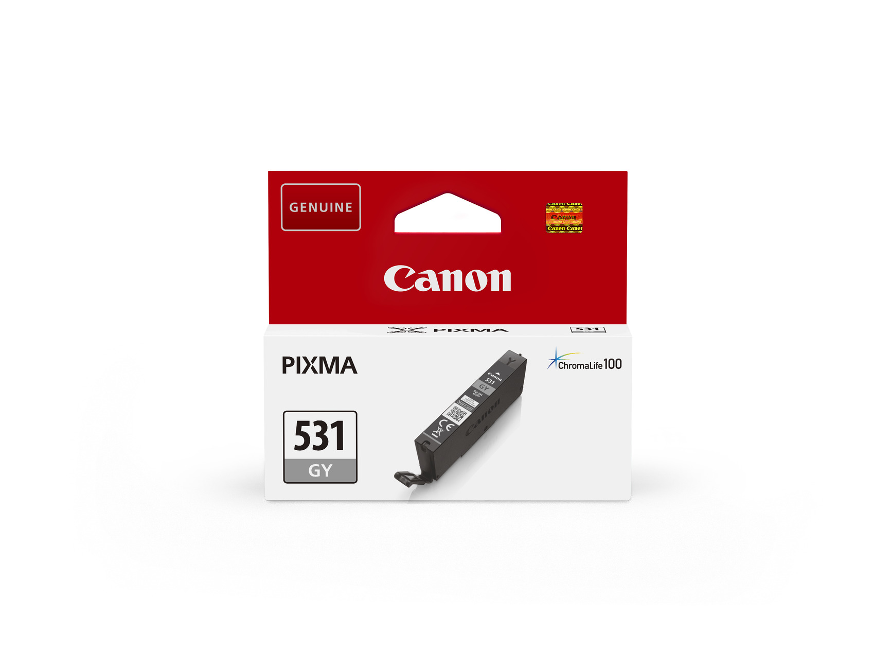 Eine Canon Pixma 531 GY Tintenpatronenbox. Die Box ist weiß mit roten Akzenten und dem Canon-Logo.