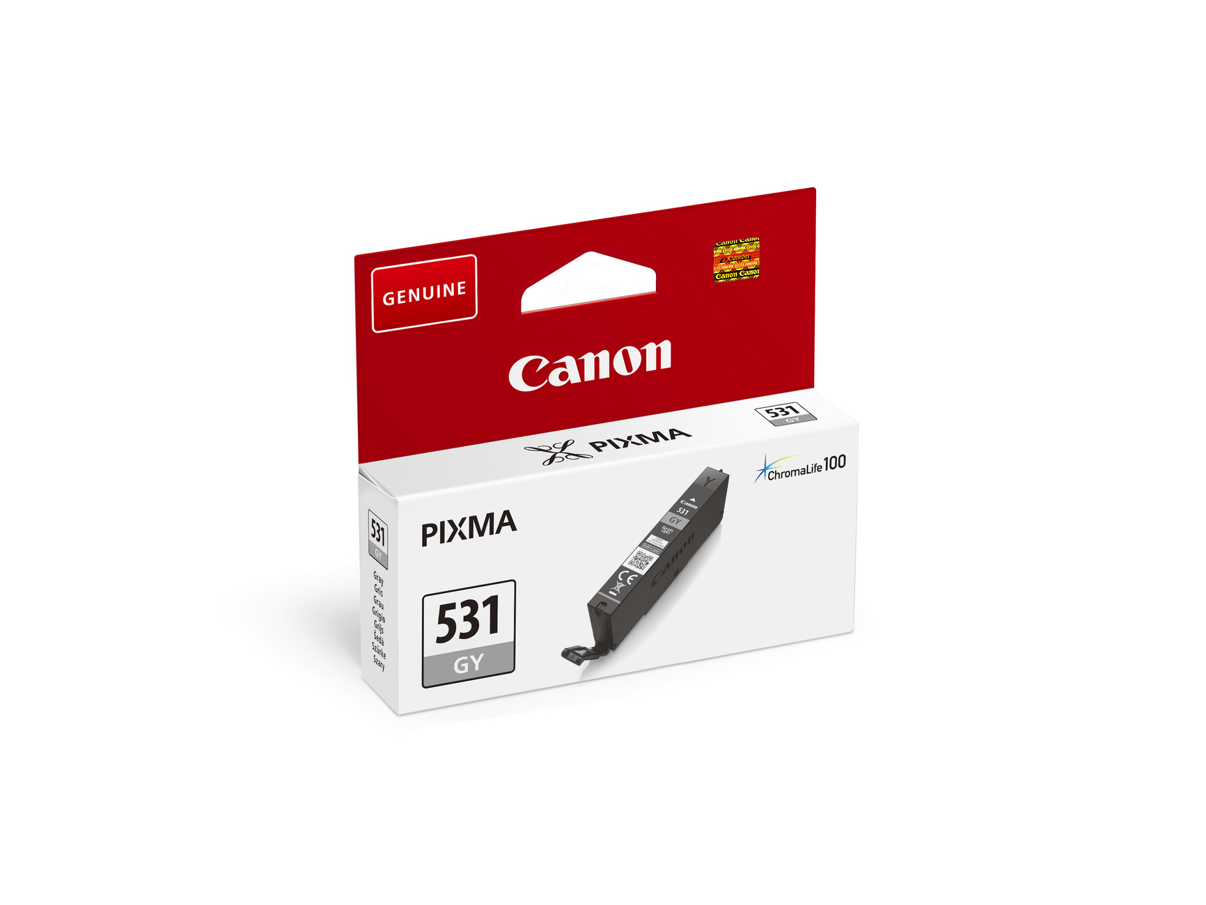 Eine Canon Pixma 531 GY Tintenpatronenbox. Die Box ist weiß mit roten Akzenten und dem Canon-Logo.